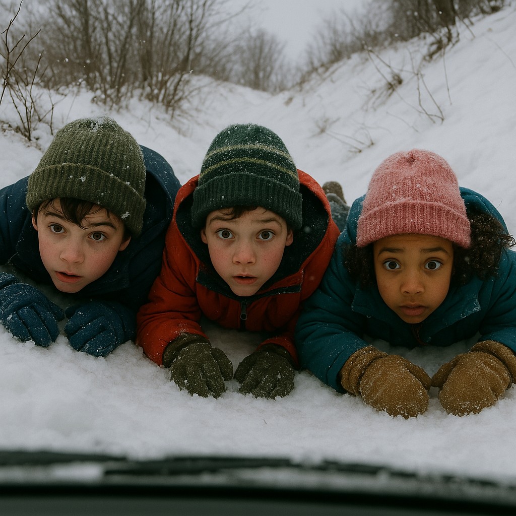 Ground-level perspective looking up at three kids pressed flat against a snowy hillside, trying to "hide" - shot from the car's point of view (Mr. Rick's perspective). Their eyes are wide, faces pressed to the cold ground, winter gear askew.