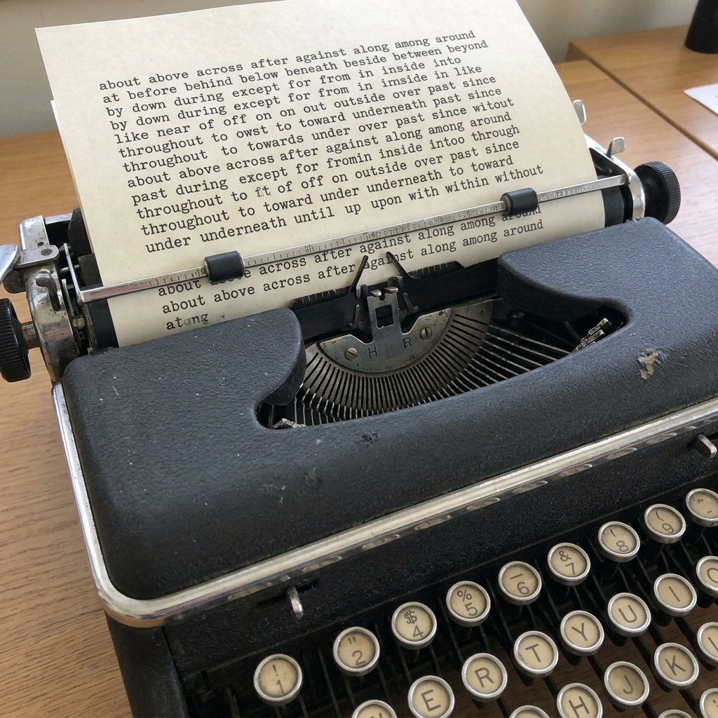 Black vintage typewriter with paper containing repeated prepositions typed